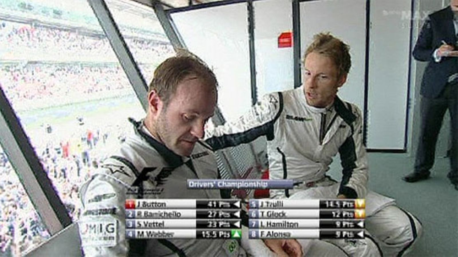 Rubens Barrichello ja Jenson Button 2009 Espanjan GP:n jälkeen, kuva: MTV3