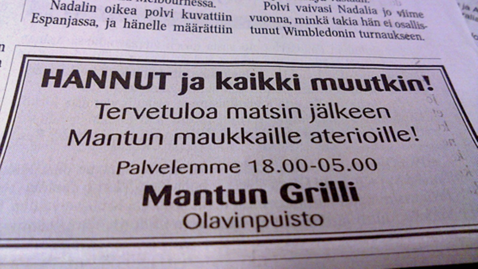 Mantun Grillin mainos Turun Sanomissa 30.1.2010 (Kuva: MTV Oy)