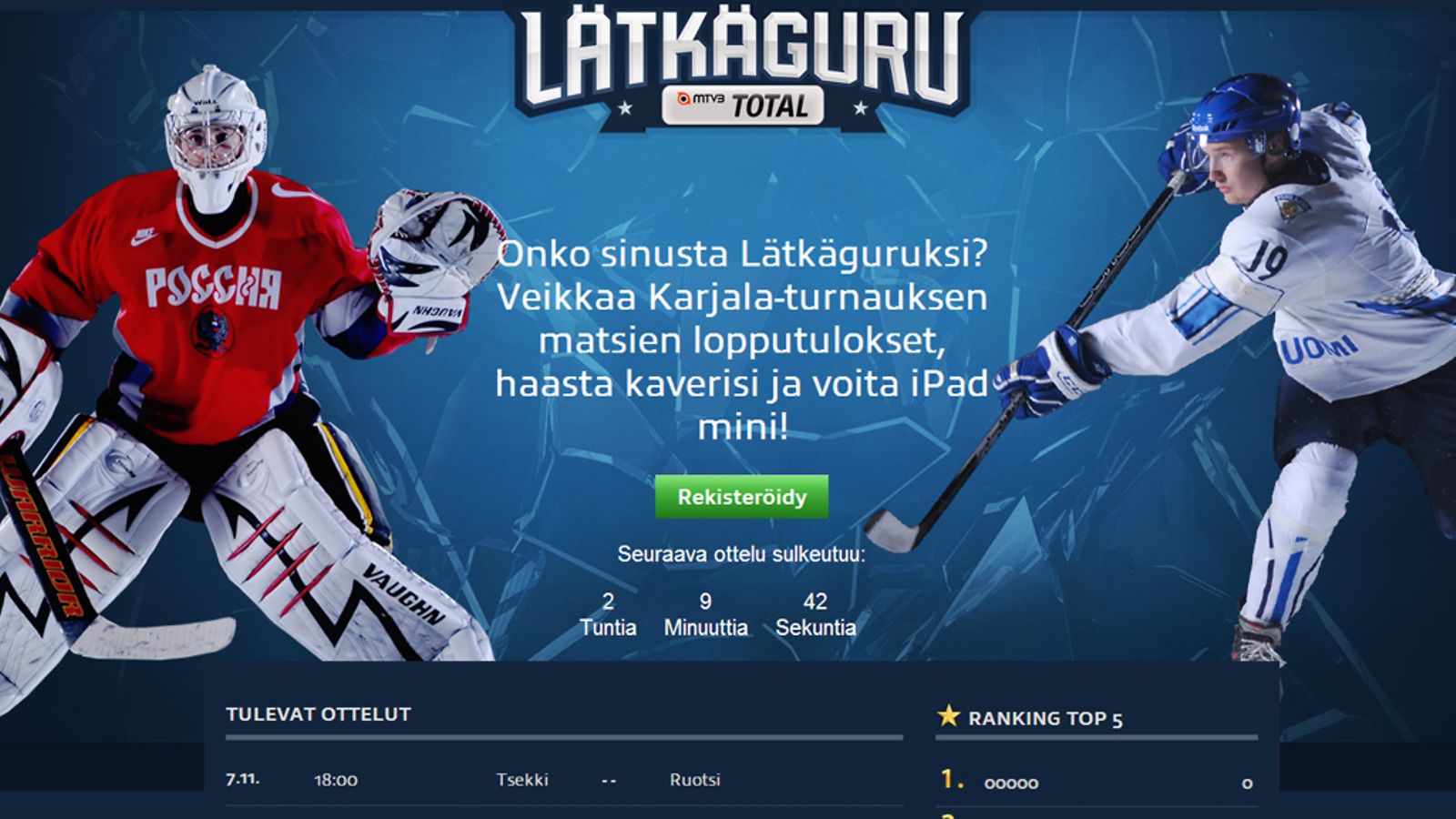 MTV3:n lätkäguru-pelissä voit veikata EHT-turnauksen otteluiden lopputuloksia.