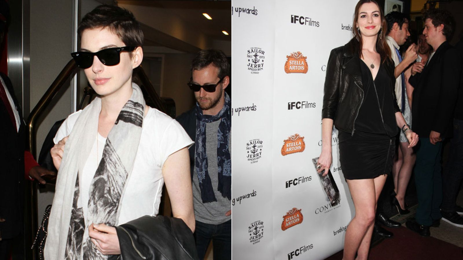 Anne Hathaway toukokuussa 2012 ja joulukuussa 2012. Ennestään hoikan tähden ulkomuoto on kaventunut entisestään puolessatoista vuodessa.