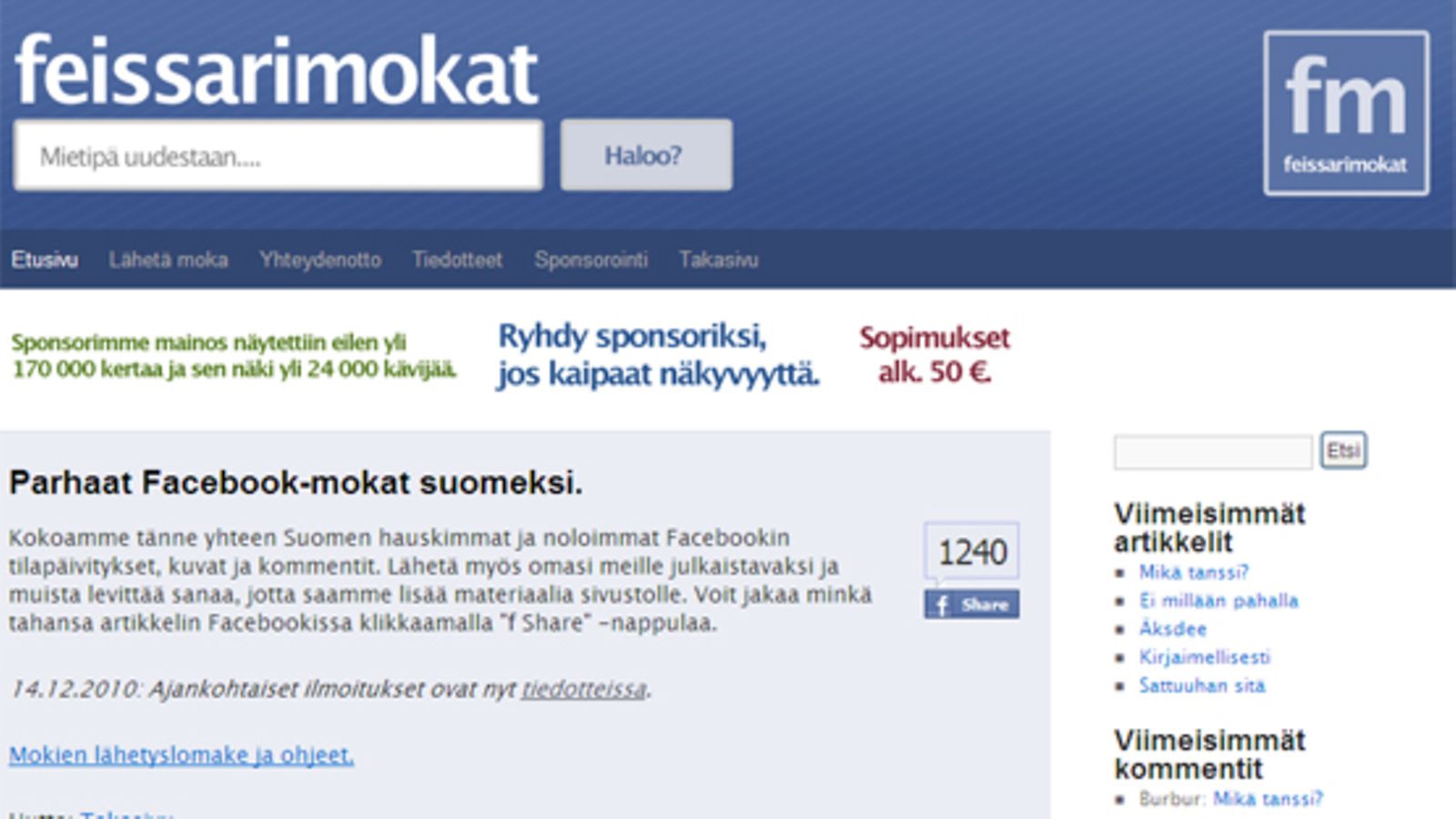 Feissarimokat.com-sivusto kerää yhteen Facebook-mokia.