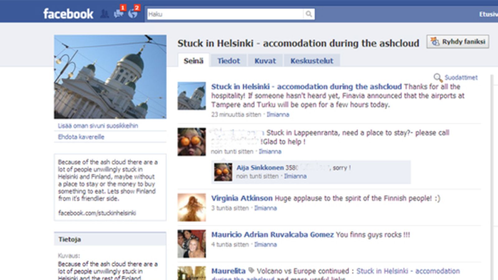 Stuck in Helsinki -sivusto 19.4.2010 (Facebook.com)