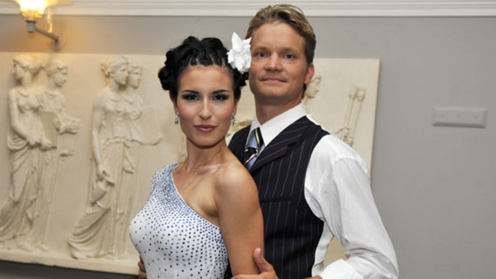 Mikko Ahti ja Maria Lund Eurotanssit 2008 lehdistötilaisuudessa Helsingissä 6. elokuuta 2008. (Kuva: Lehtikuva)
