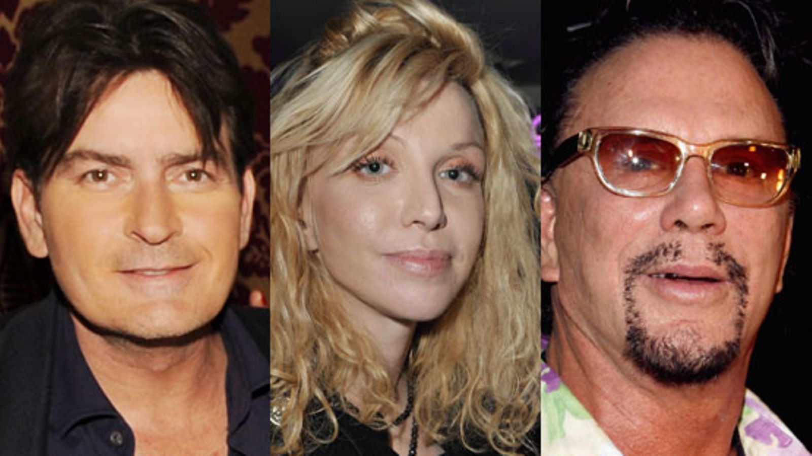 Charlie Sheen, Courtney Love ja Mickey Rourke (Kuva: Wireimage)