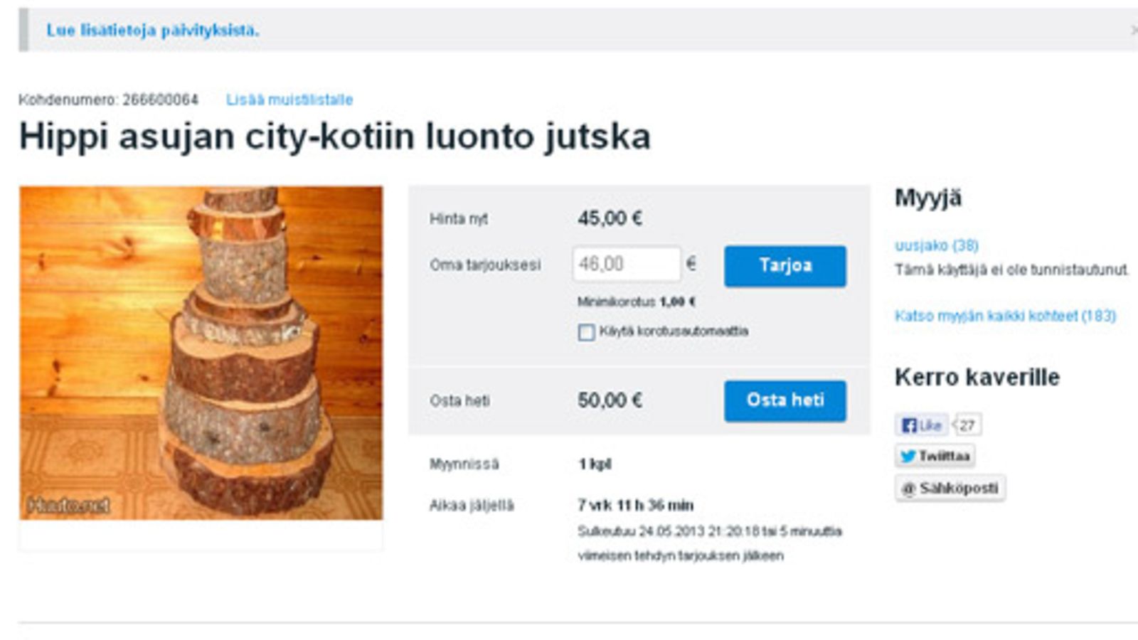Ilmoitus: Hippi asujan city-kotiin luonto jutska. Kuvakaappaus: Huuto.net