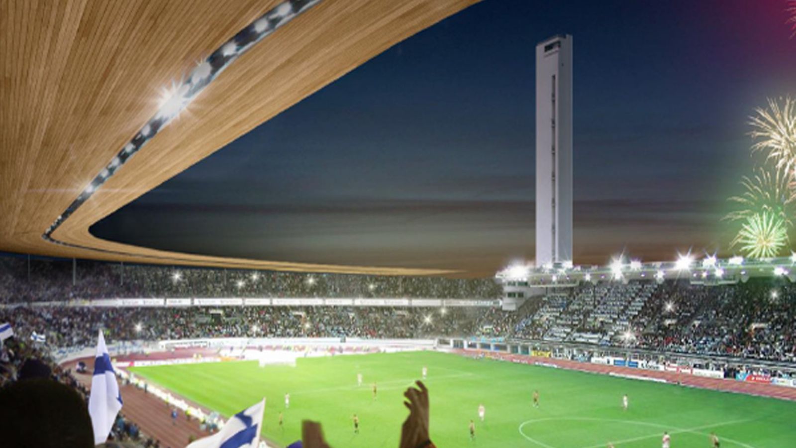 Havainnekuva Olympiastadionista sisäpuolelta. Havainnekuva: Arkkitehtitoimisto K2S.