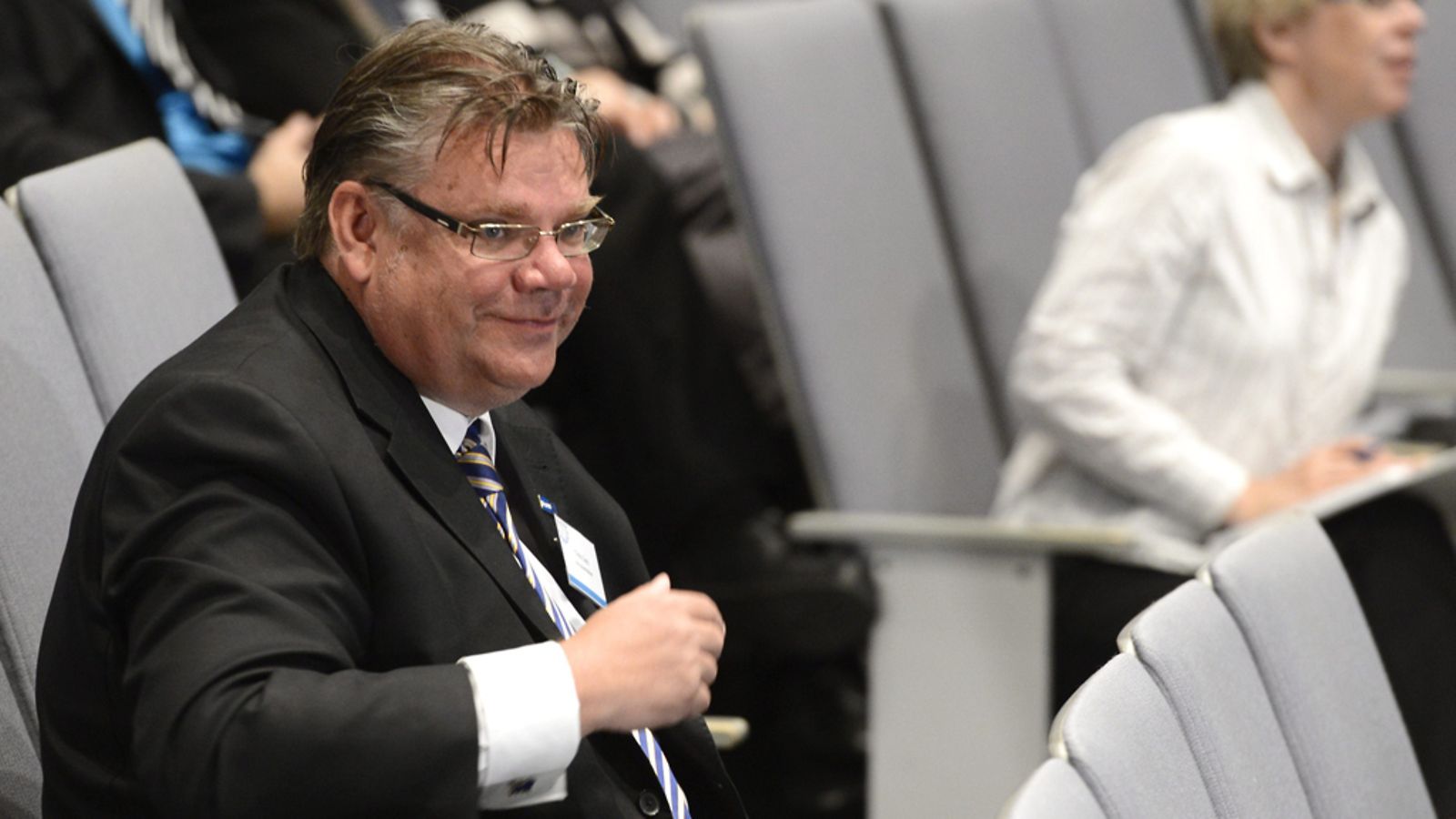 Perussuomalaisten puheenjohtaja Timo Soini pääministeri Jyrki Kataisen järjestämässä Heureka-foorumissa.