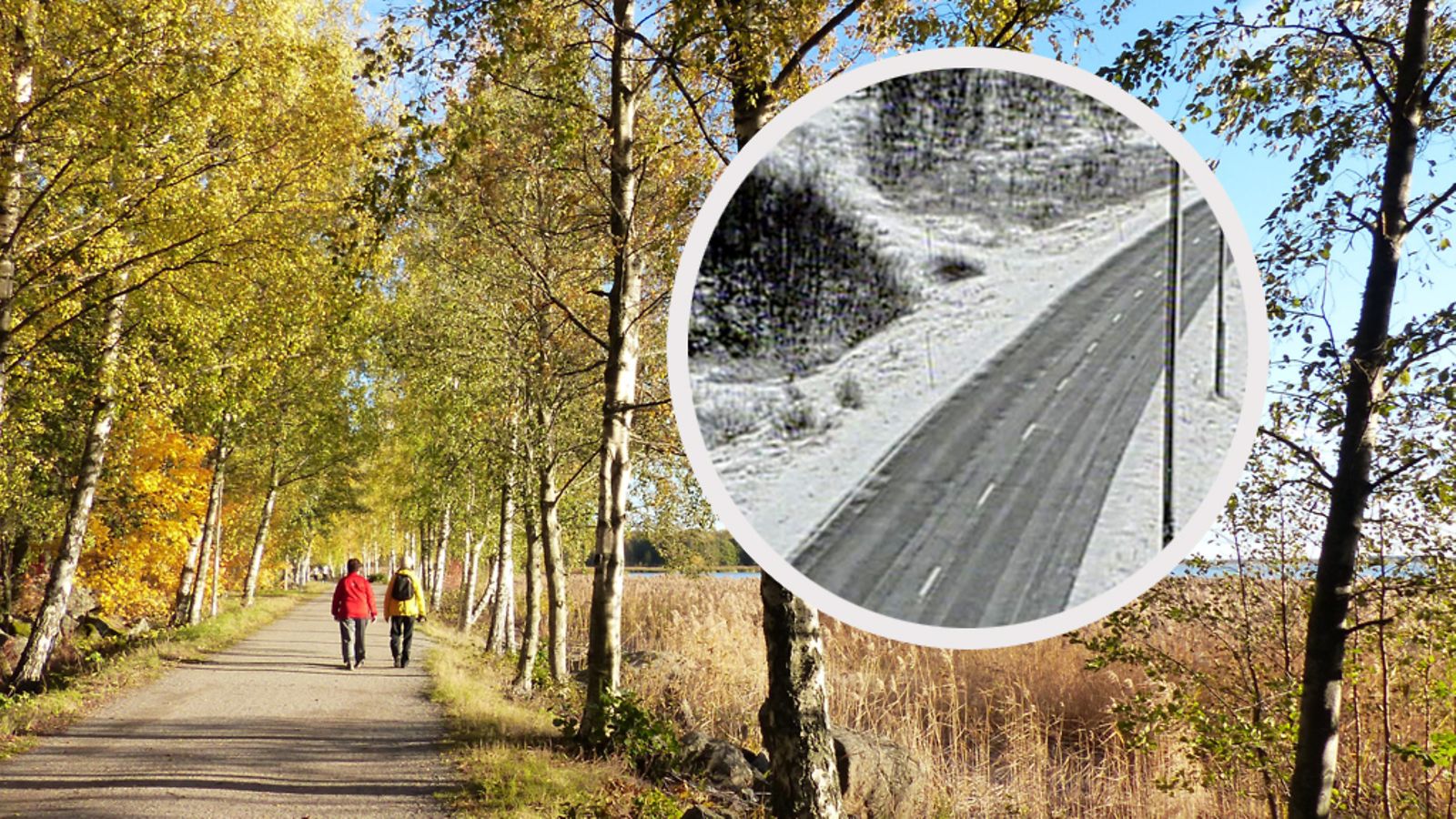 Suomen sää on viikonloppuna kahtiajakoinen. Maan etelä- ja keskiosassa paistaa laajalti aurinko. Pohjois- ja Itä-Lapissa sataa räntää tai lunta. Kuvat: Matti Hietala ja Liikennevirasto