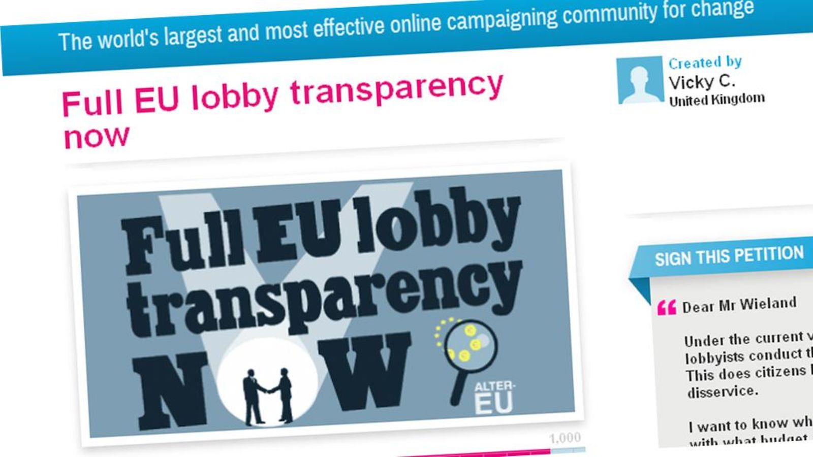 Lobbaus, kuvakaappaus Avaaz.org -nettisivuilta.