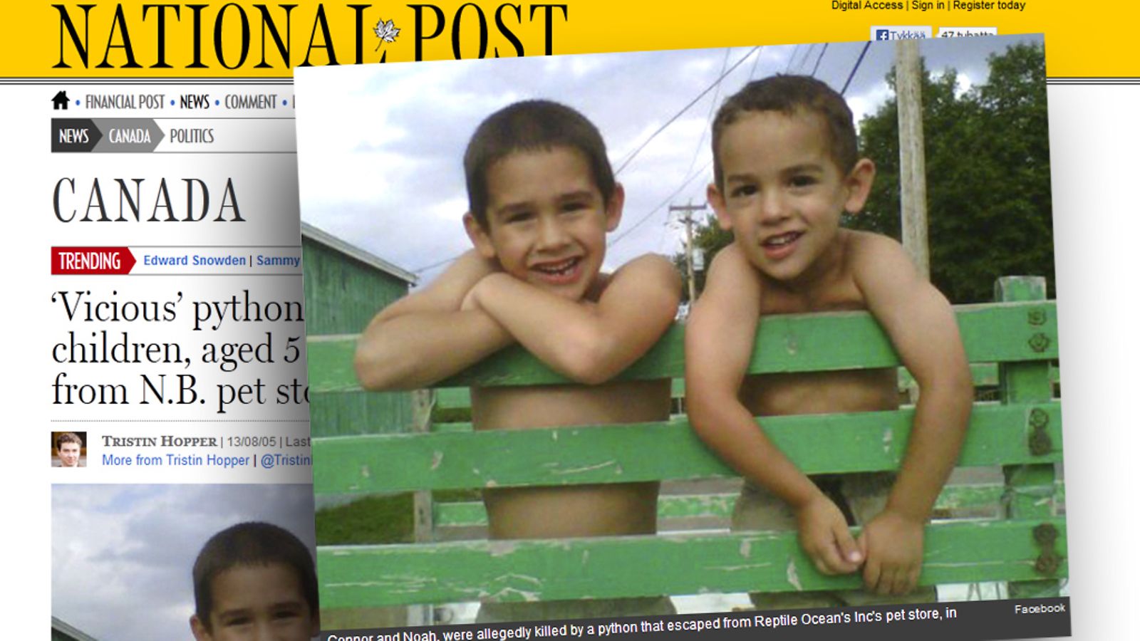 Vaarallinen käärme surmasi Connorin ja Noahin Campbelltonissa, Kanadassa. Kuvakaappaus nationalpost.com-uutissivustolta.