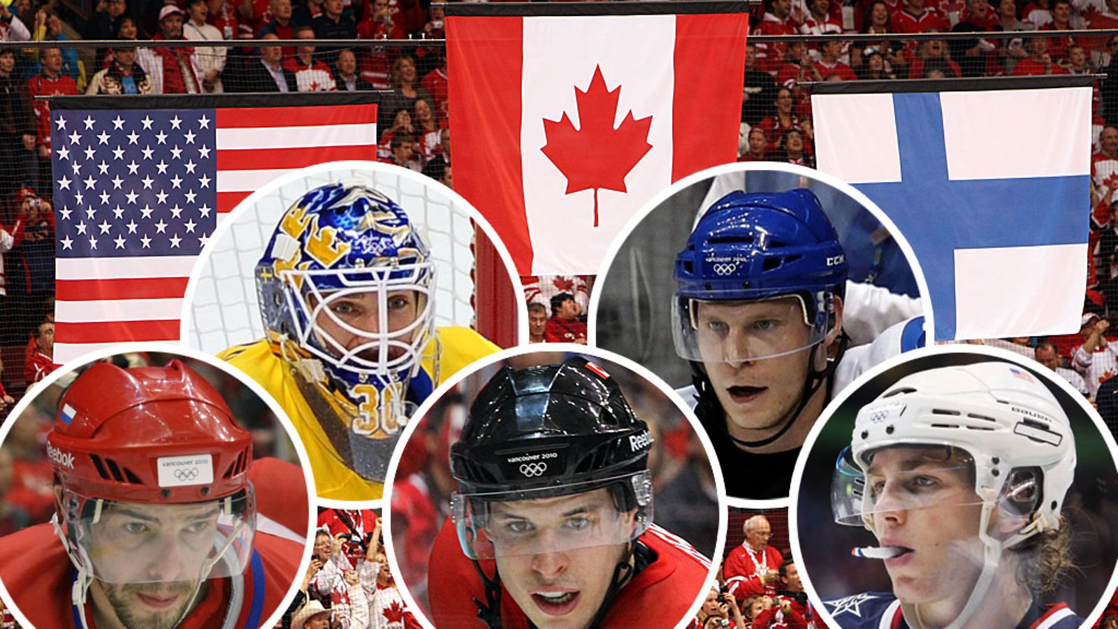 Pavel Datsjuk (vas. alh.), Henrik Lundqvist, Sidney Crosby, Mikko Koivu ja Patrick Kane.