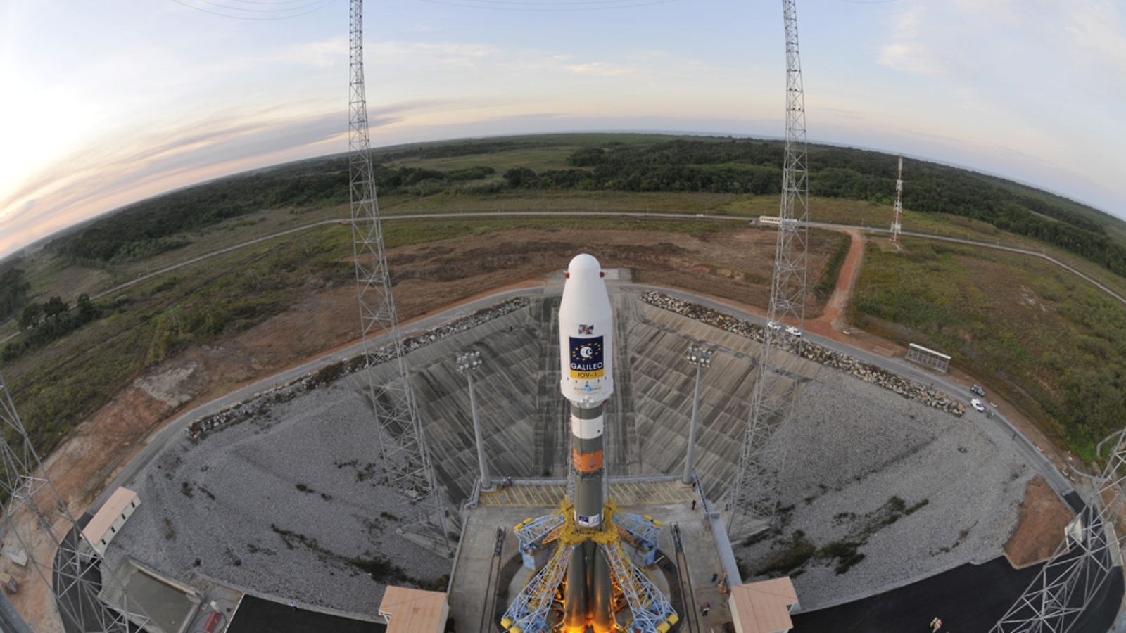 In this handout image supplied by the European Space Agency (ESA) on October 19, 2011, the Soyuz VS01 is prepared on the launch pad at the European Spaceport in Kourou, French Guiana.