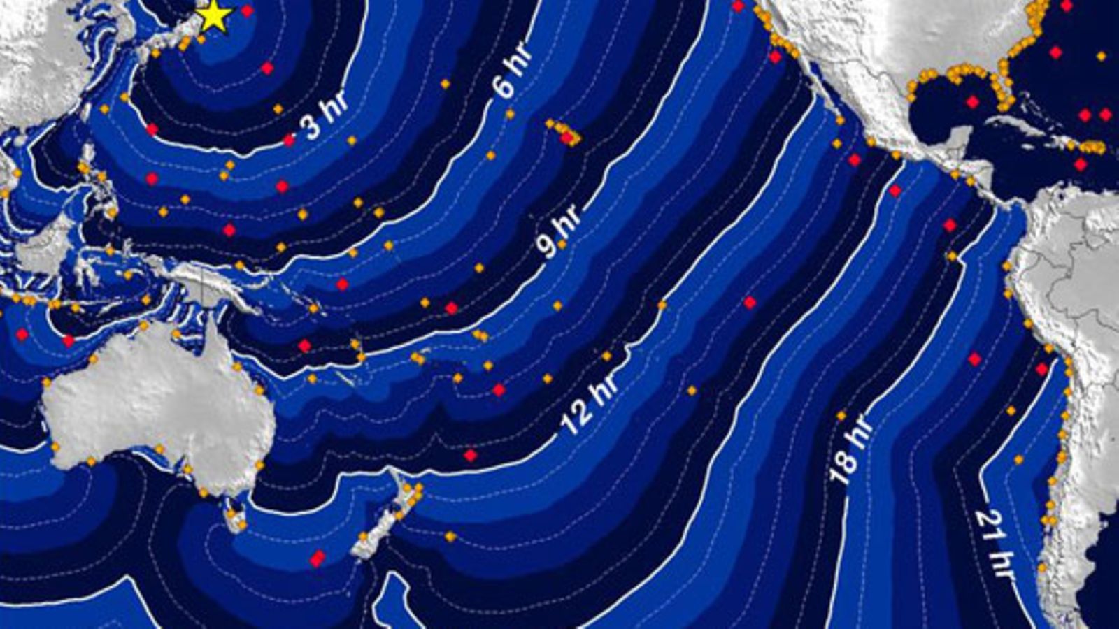 NOAAN kuvaa tsunamin etenemisaikataulusta.  (The National Oceanic and Atmospheric Administration)