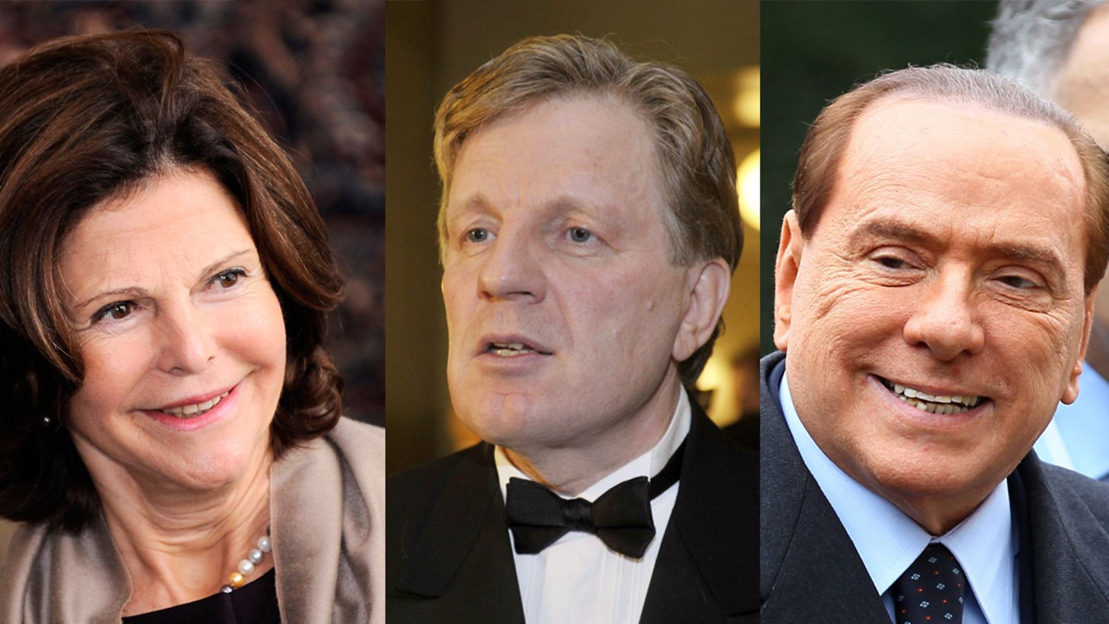 Ruotsin kuningatar Silvia, Nokian yhteiskuntasuhteista vastaava johtaja Esko Aho ja Italian entinen pääministeri Silvio Berlusconi.