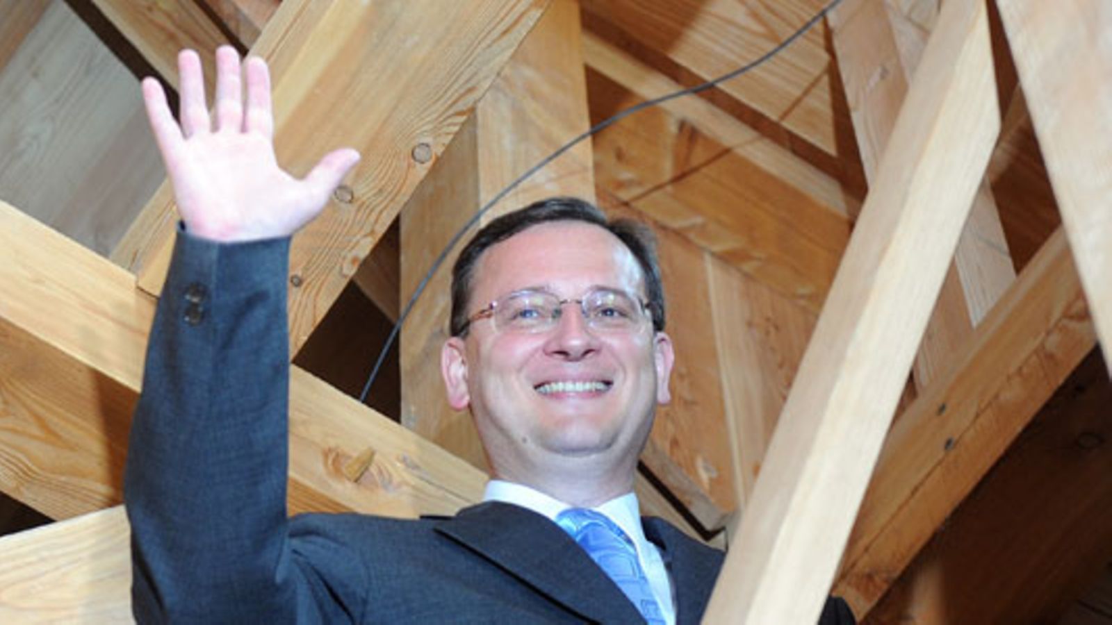 Chairman of the Civic Democratic Party (ODS) Petr Necas, waves at election headquarter of ODS party during the second day of the Czech Republic's general election in Prague, Czech Republic on 29 May 2010.