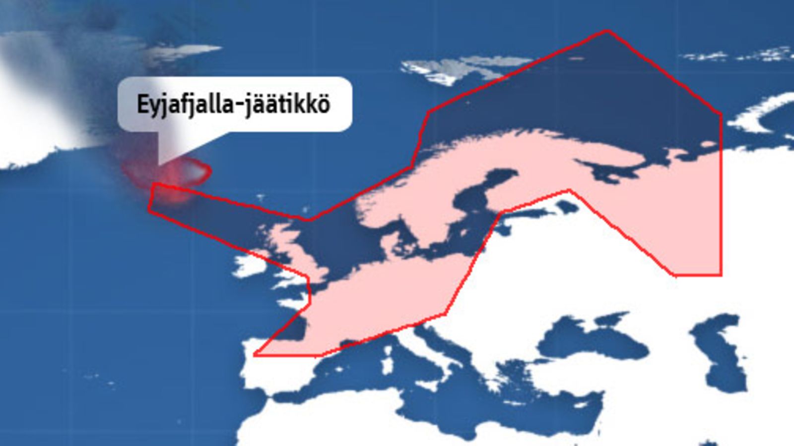 metoffice.gov.uk esittämä kartta tulivuoren purkauksesta johtuvan tuhkalautan leviämisreitistä
