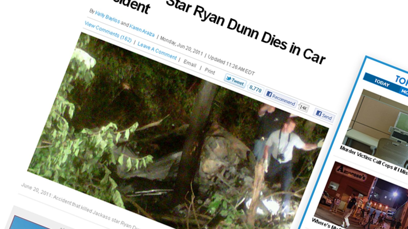 Ryan Dunn kuoli auto-onnettomuudessa. Ruutunäkymä NBC Philadelphian sivulta