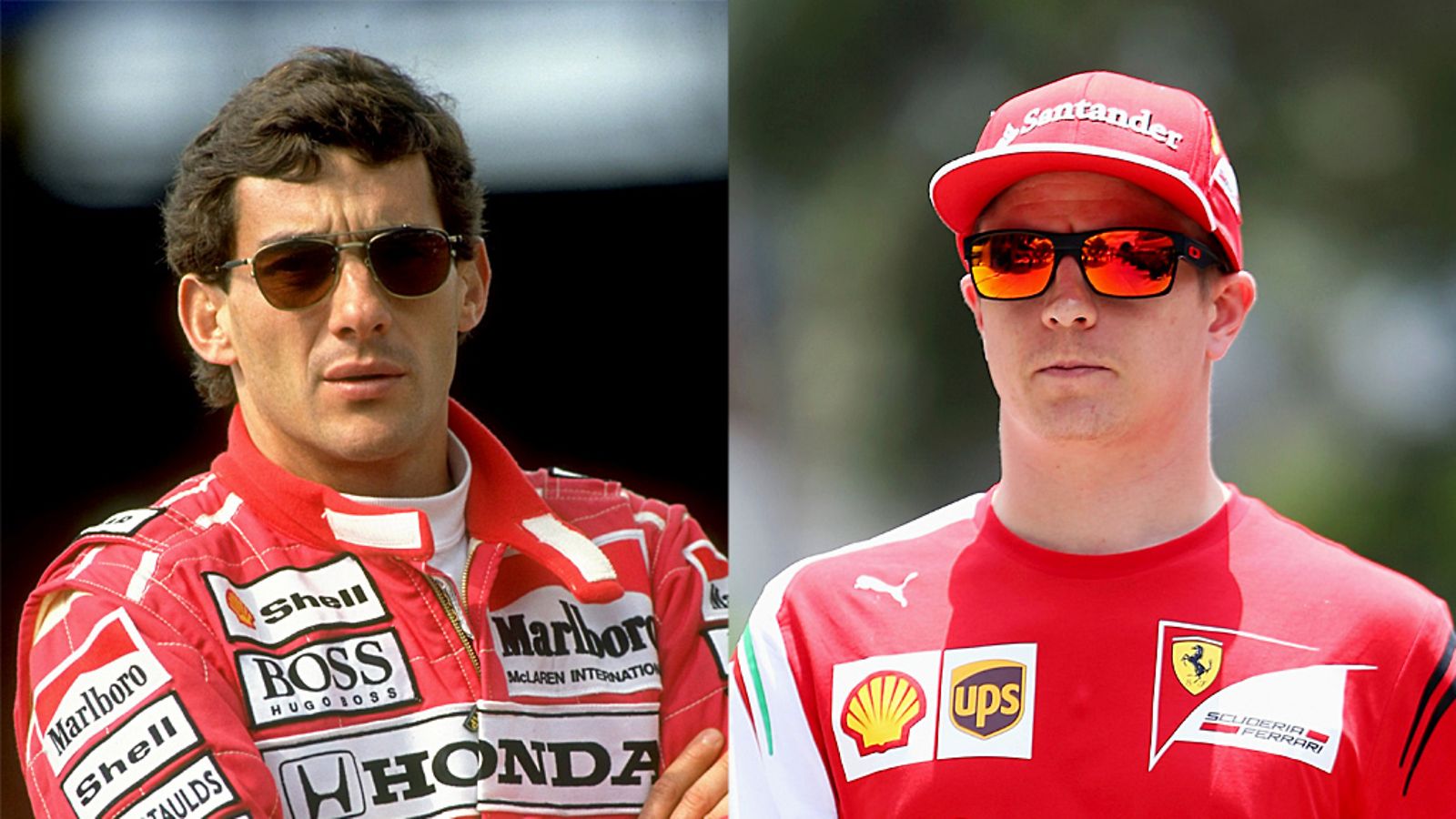 Ayrton Senna vuonna 1990 ja Kimi Räikkönen 2014.