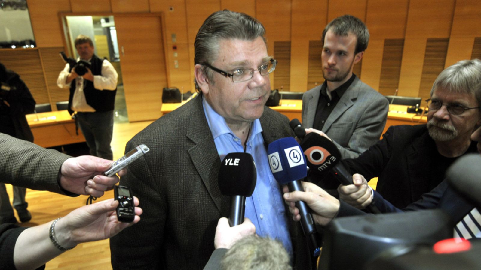 Perussuomalaisten puheenjohtaja Timo Soini median tentattavana. Lehtikuva