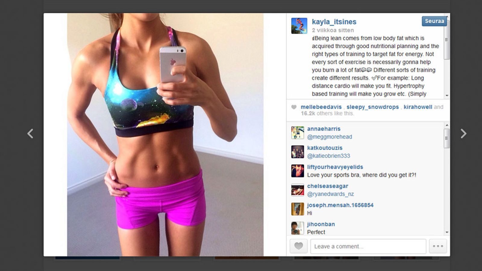 Kuvakaappaus Kayla Itsinesin Instagram-tililtä