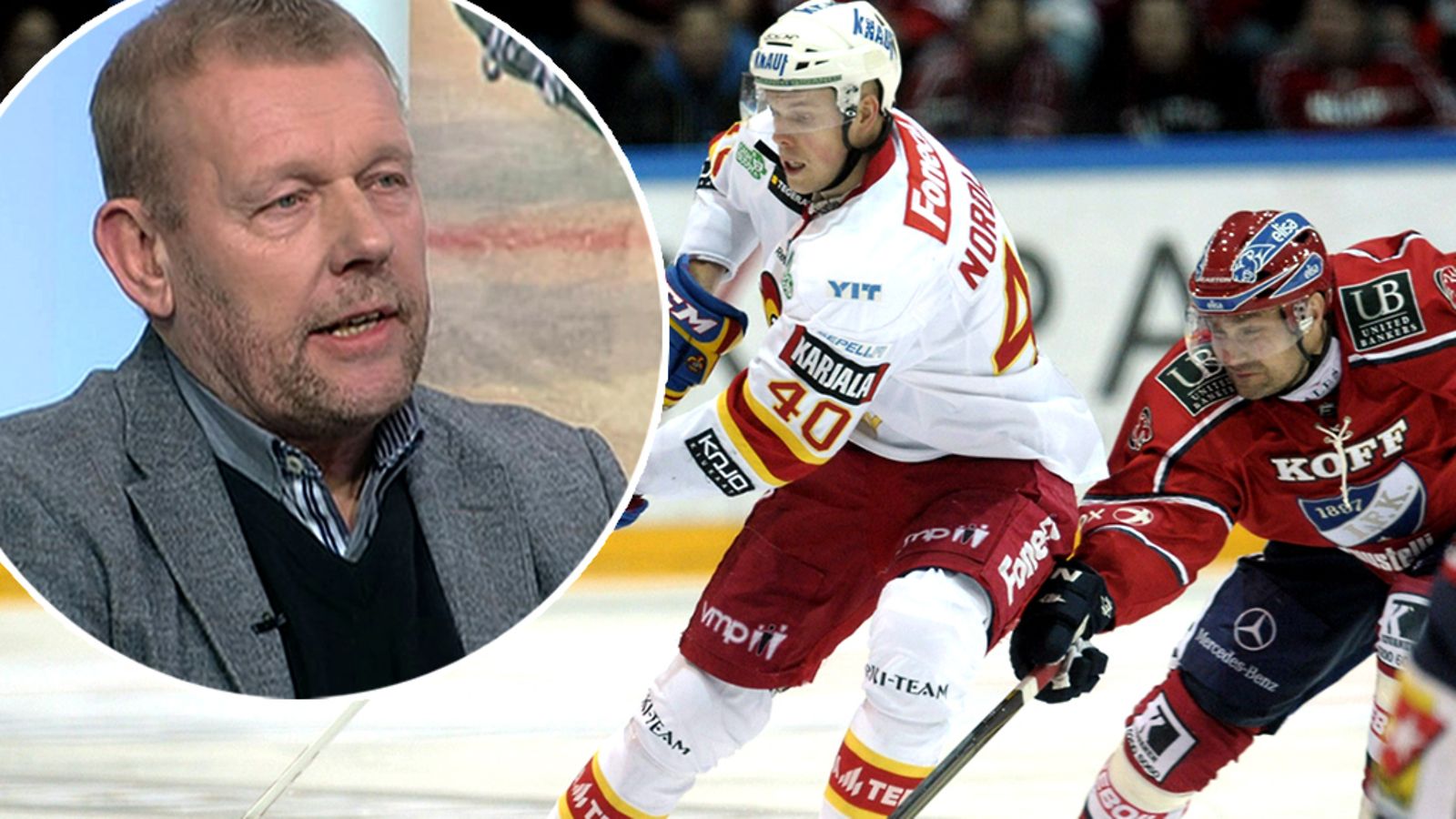Jokereiden Markus Nordlund (vas.) kiertää HIFK:n Kimmo Kuhdan jääkiekon SM-liigan ottelussa HIFK vs Jokerit 23. helmikuuta 2013 Helsingissä.