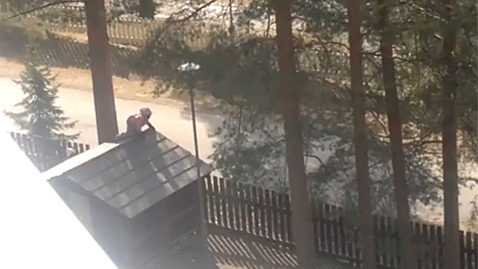 Kuvankaappaus Youtube-videosta, jossa pikkulapsi on kiivennyt leikkimökin katolle.