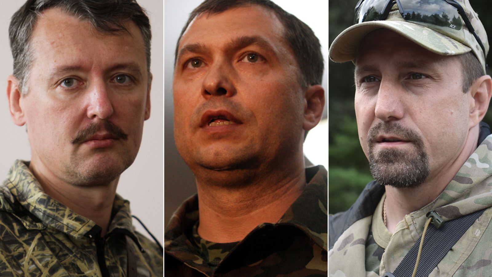 Ukrainan kapinallisjohtajia vasemmalta lukien: Igor "Strelkov" Girkin, Valeri Bolotov ja Aleksander Khodakovski.