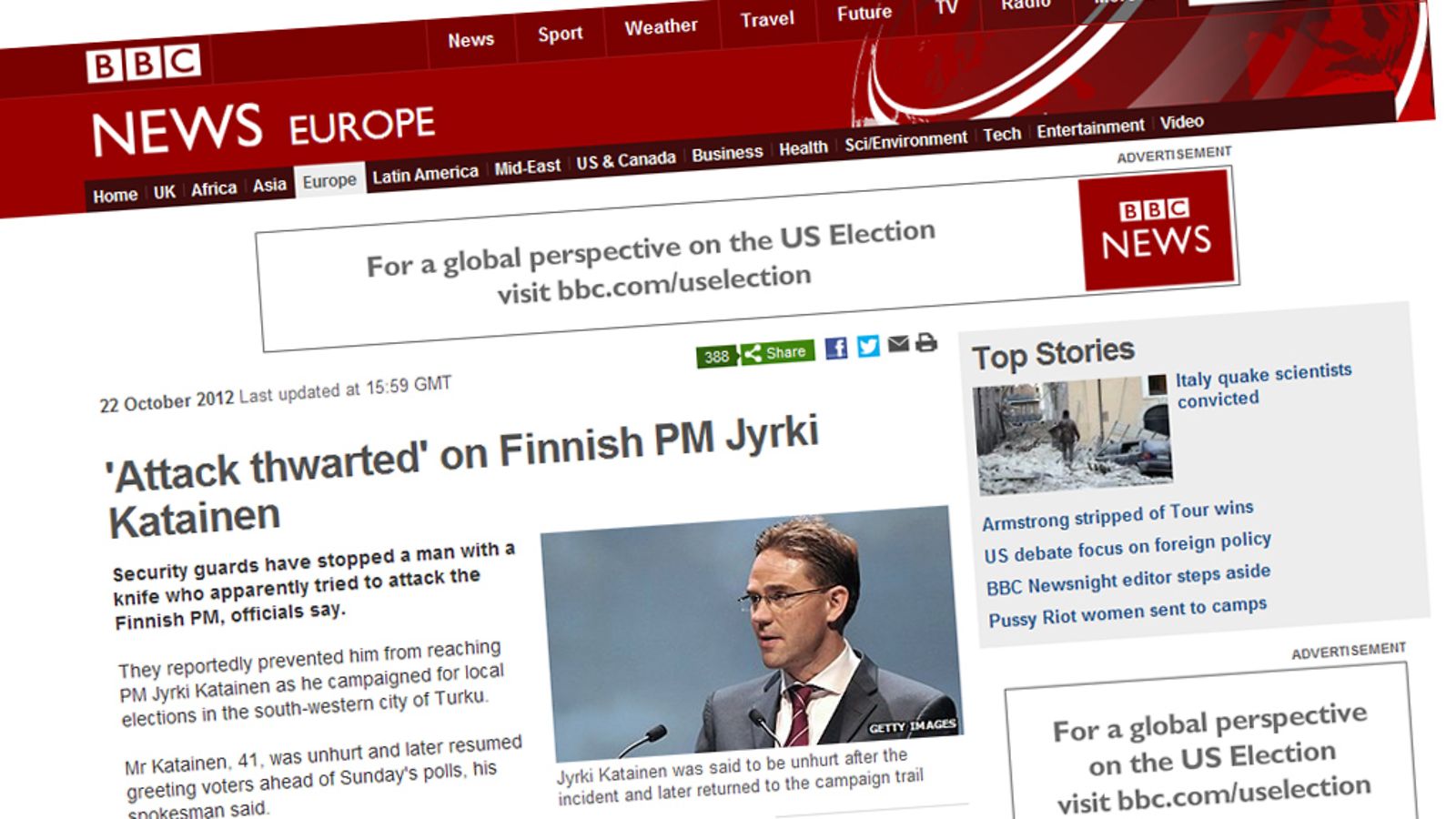 Ruutukaappaus BBC:n nettisivuilta 22. lokakuuta.