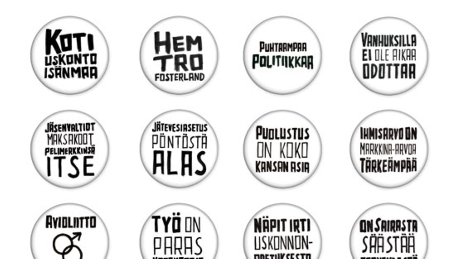 Kristillisdemokraatit painattavat teesinsä rintanappeihin eduskuntavaalikampanjassaan.