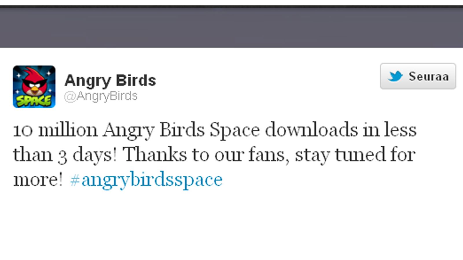 Angry Birds Space -twitterviesti 2012.