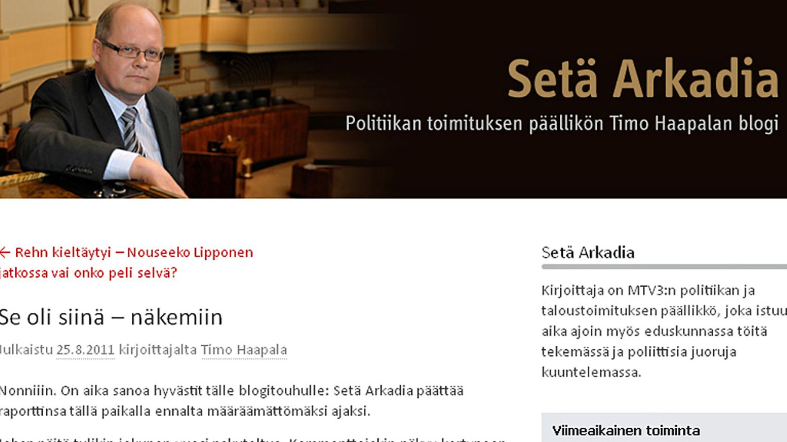 Kuvakaappaus Setä Arkadia-blogin viimeisestä kirjoituksesta.