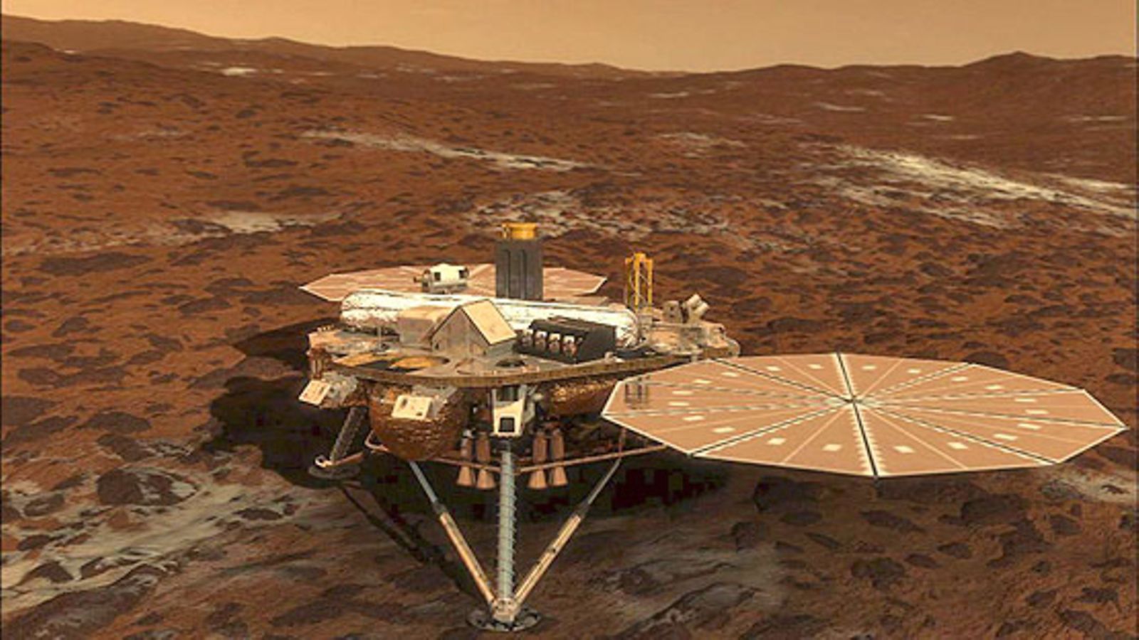 Taiteilijan näkemys Phoenix-luotaimen laskeutumisesta Marsiin 25.5.2008 (Kuva: Nasa)