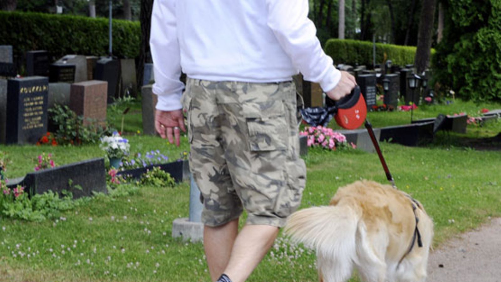 Tallenna Ulkoiluttaja koiransa kanssa Hietaniemen hautausmaalla 6. heinäkuuta 2009.  (LEHTIKUVA)