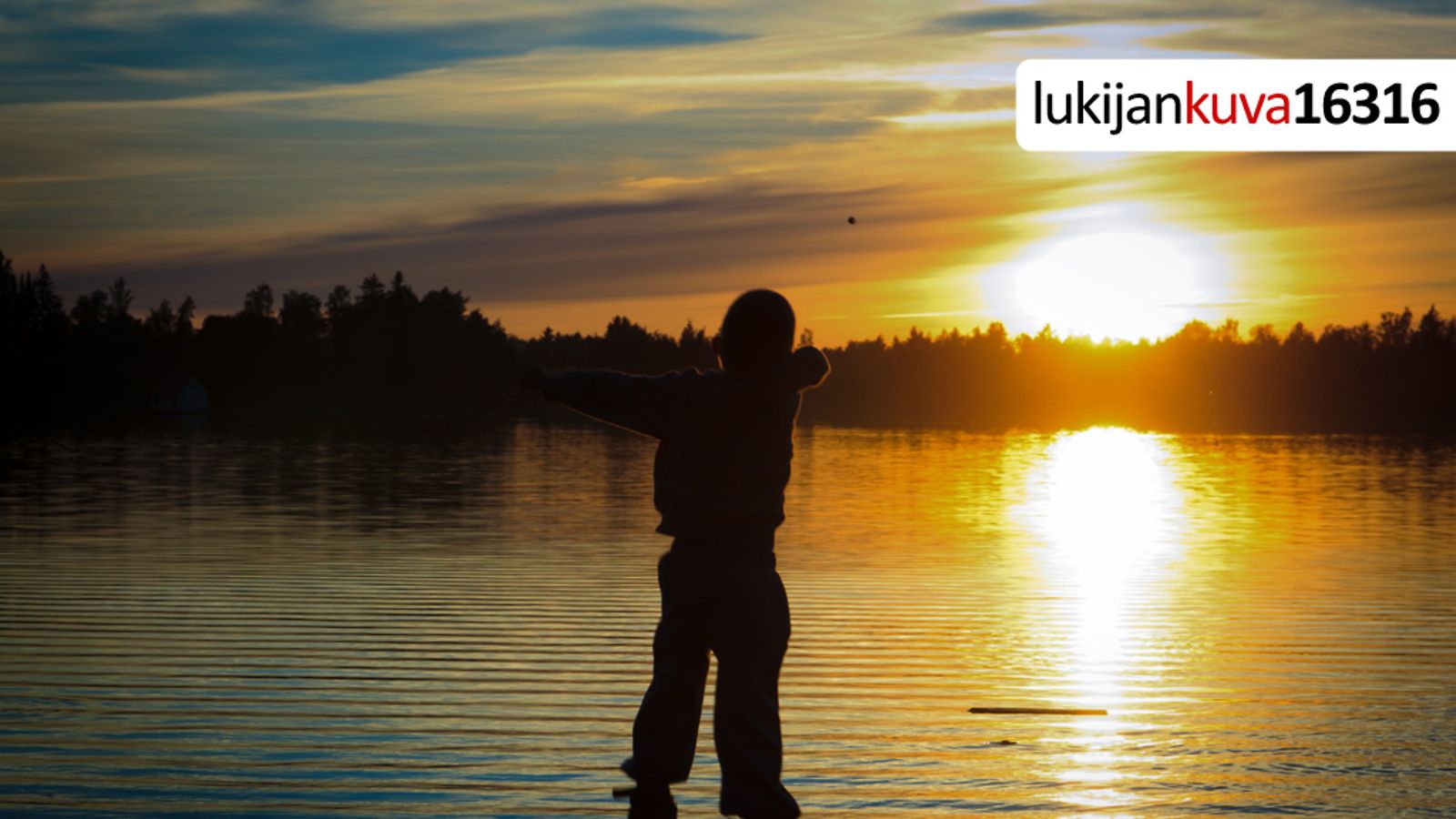 Poika ja auringonlasku niemestä juhannusaattona.