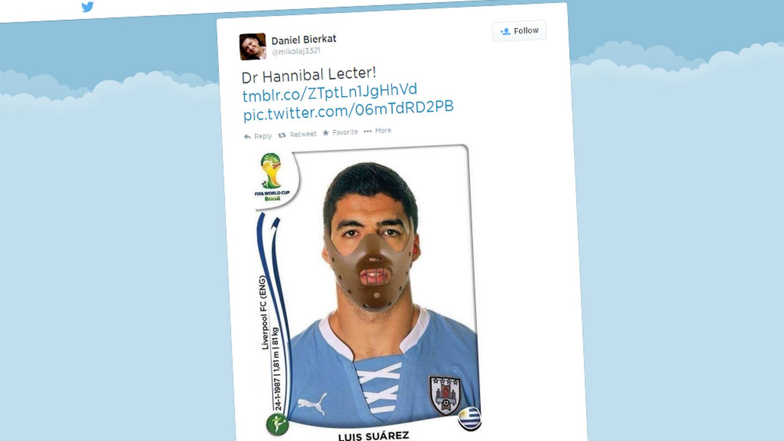 Luis Suarez - Hannibal Lecter (kuvakaappaus Twitteristä)