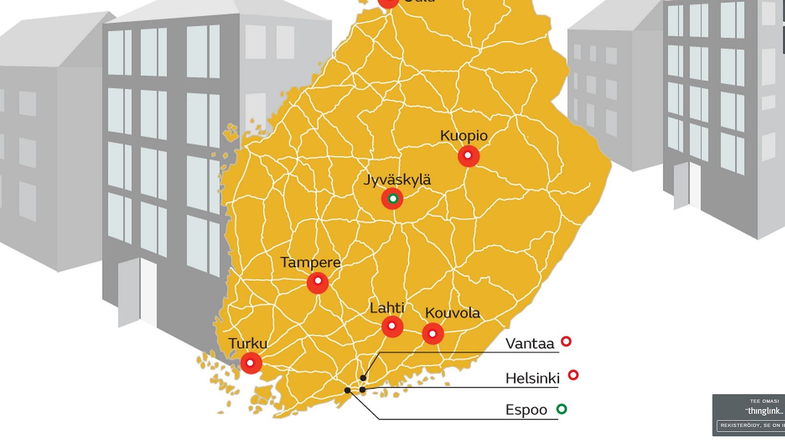 kartta kymmenen kaupunkia asuntojen hinnat