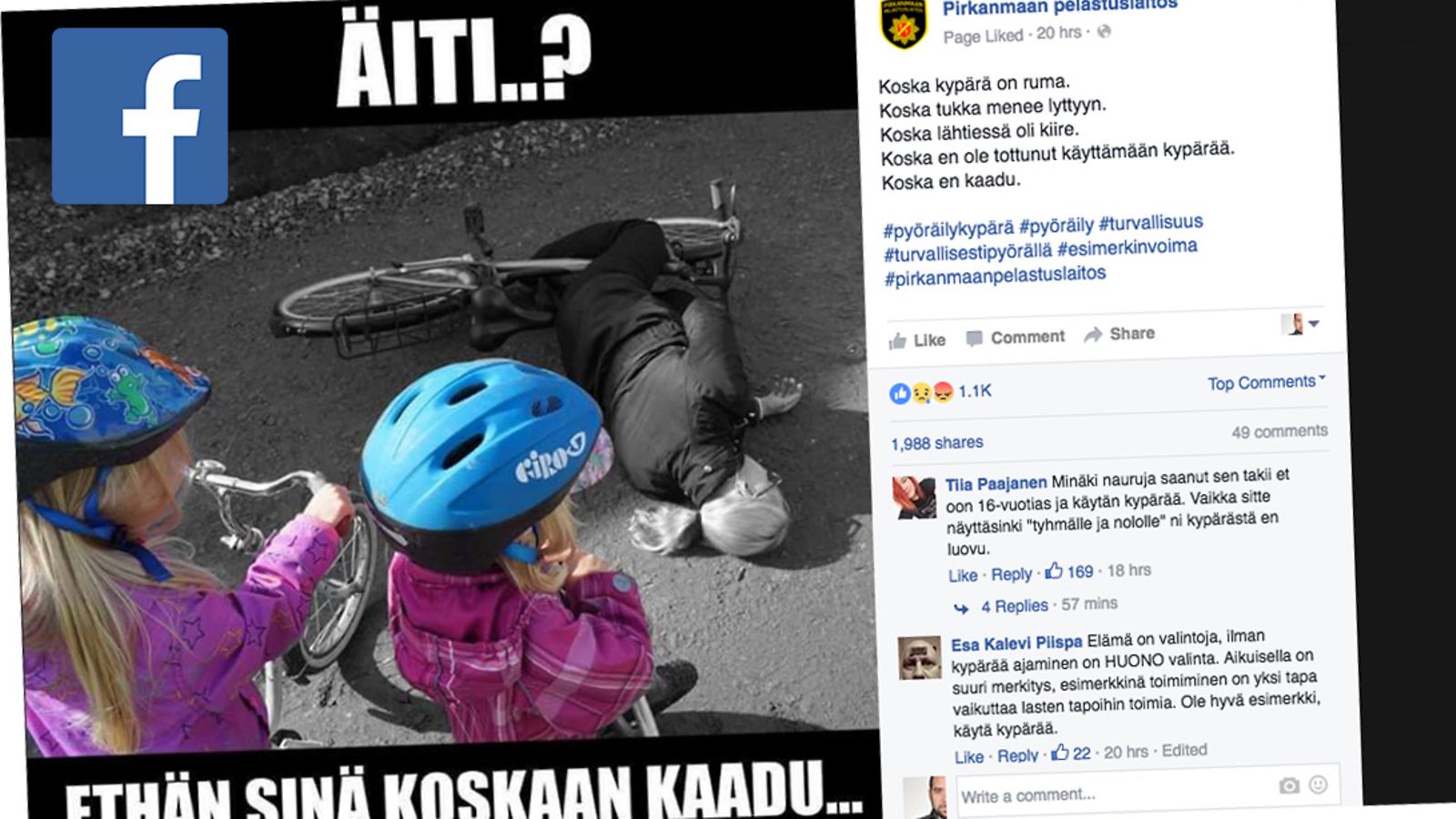 Kuvakaappaus Facebookista Pirkanmaan pelastuslaitoksen profiilista.