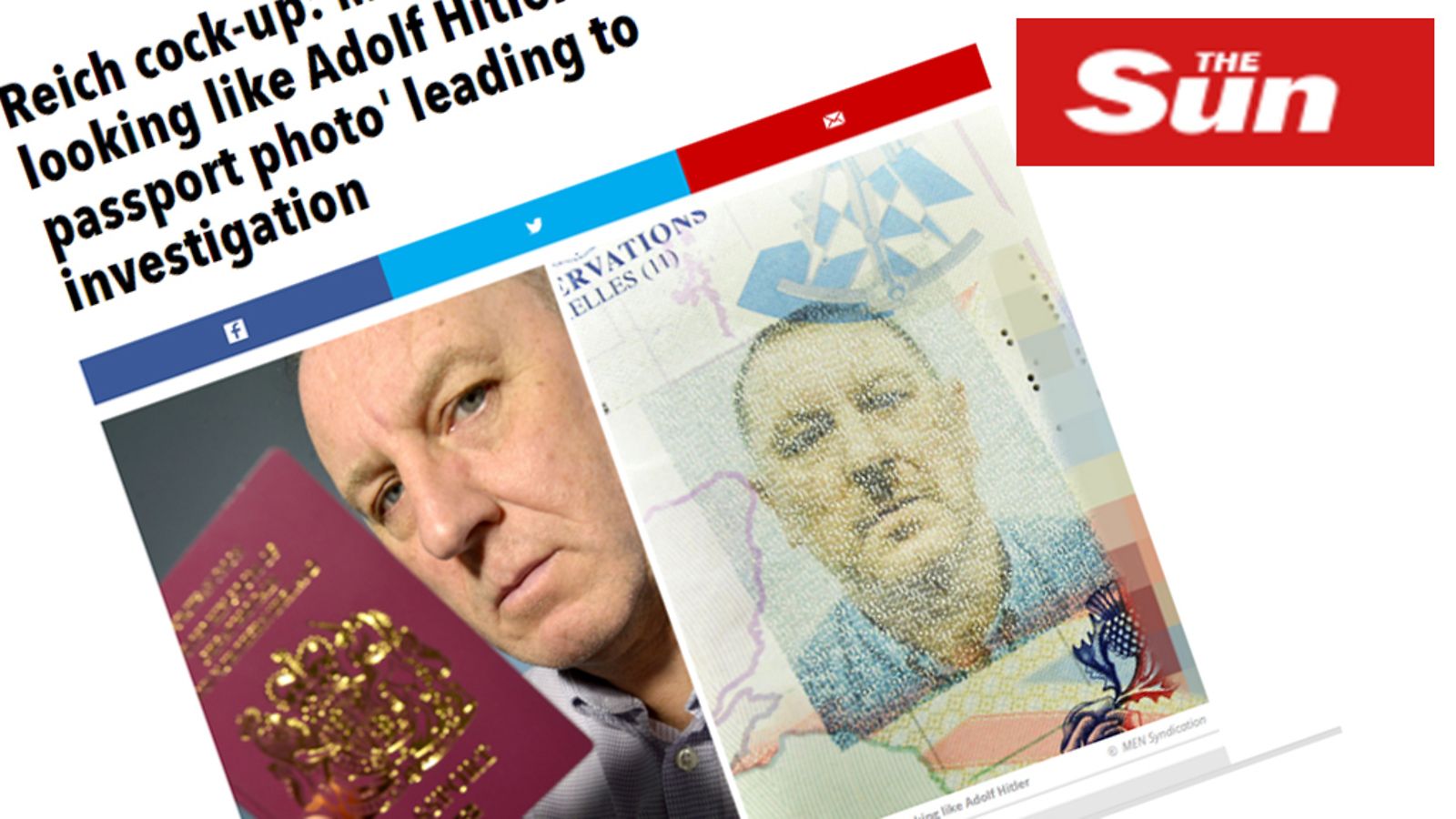 Brittimiehen passikuva näytti Adolf Hitleriltä. Kuvakaappaus The Sunin sivuilta