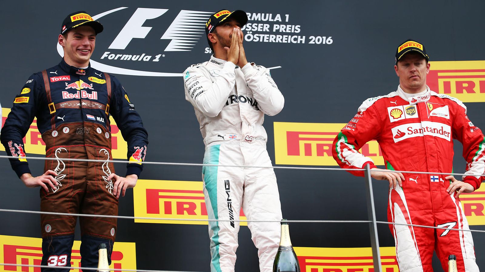 Kimi Räikkönen, Lewis Hamilton ja Max Verstappen