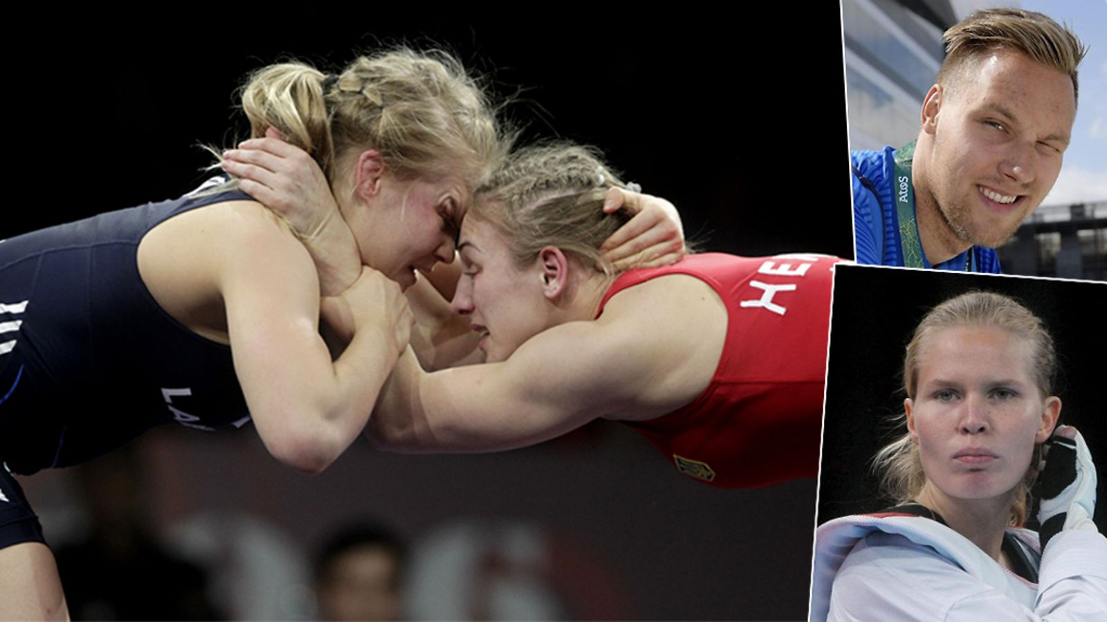 Petra Olli (sinisissä trikoissa vas.), Matti Mattsson (oik. ylh.), Suvi Mikkonen (oik. alh.)