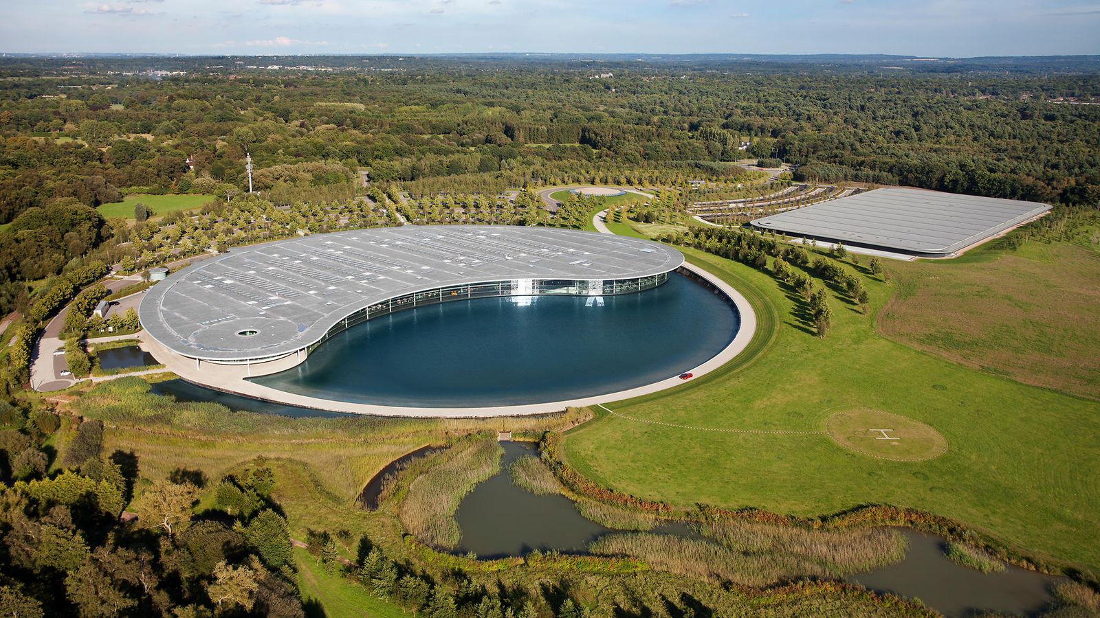 Aerial view of the McLaren Technology Centre (left) and McLaren Production Centre (right)