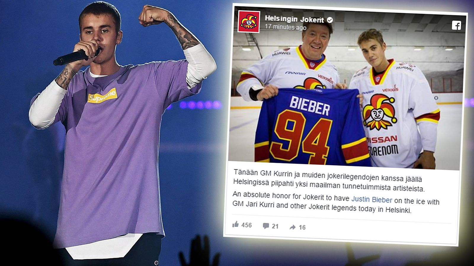 Justin Bieber ja Jari Kurri 27.9.2016 Jokerit-treenit
