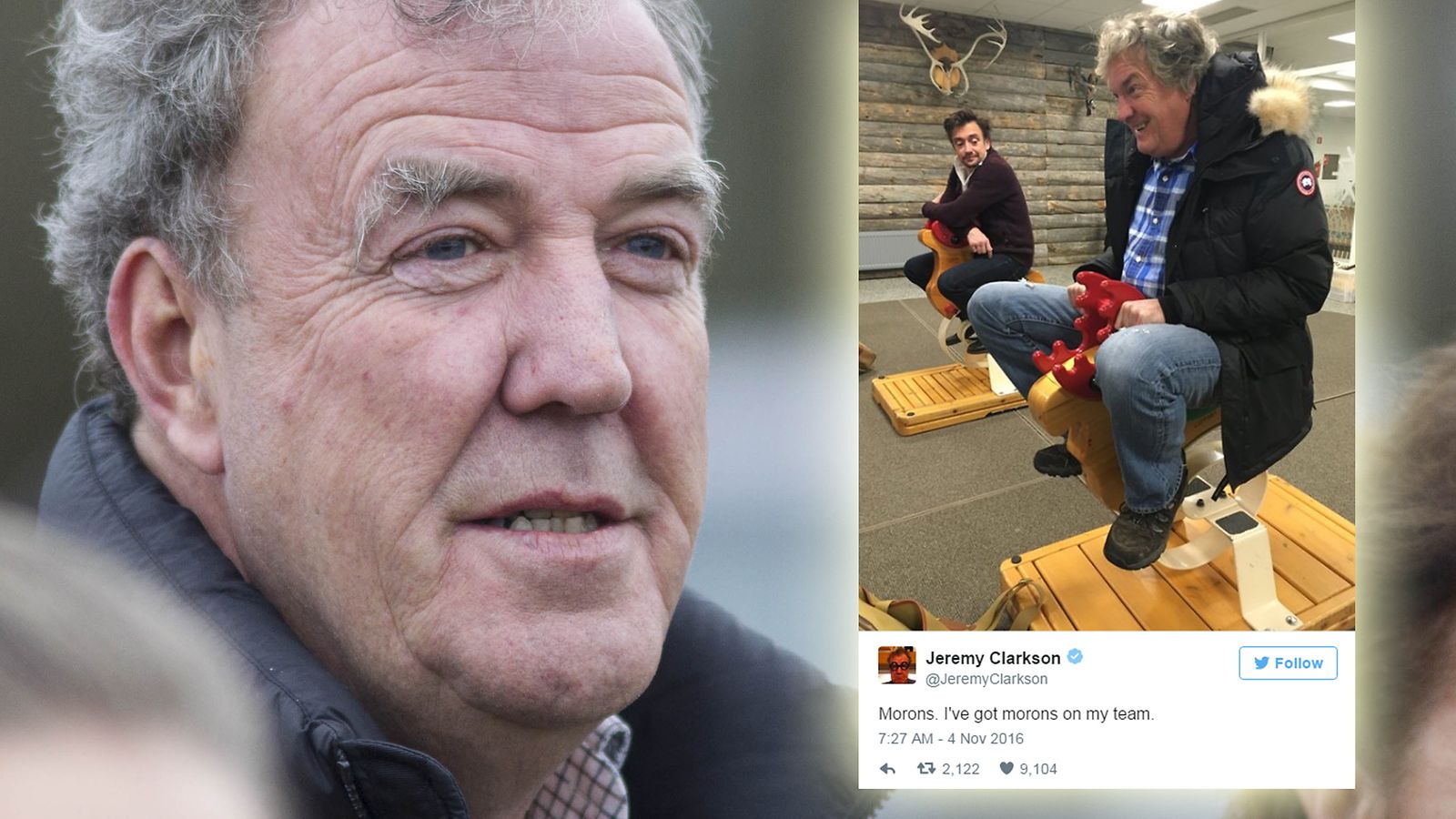 Ex- Top Gear -kolmikko twitter 4.11.2016 Jeremy Clarkson, Richard Hammond, James May