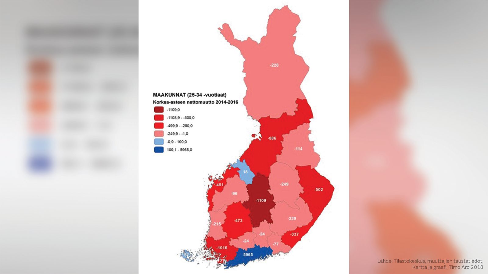 Nuorten aikuisten ja aikuisväestön korkean asteen nettomuutto maakunnittain 2014-2016