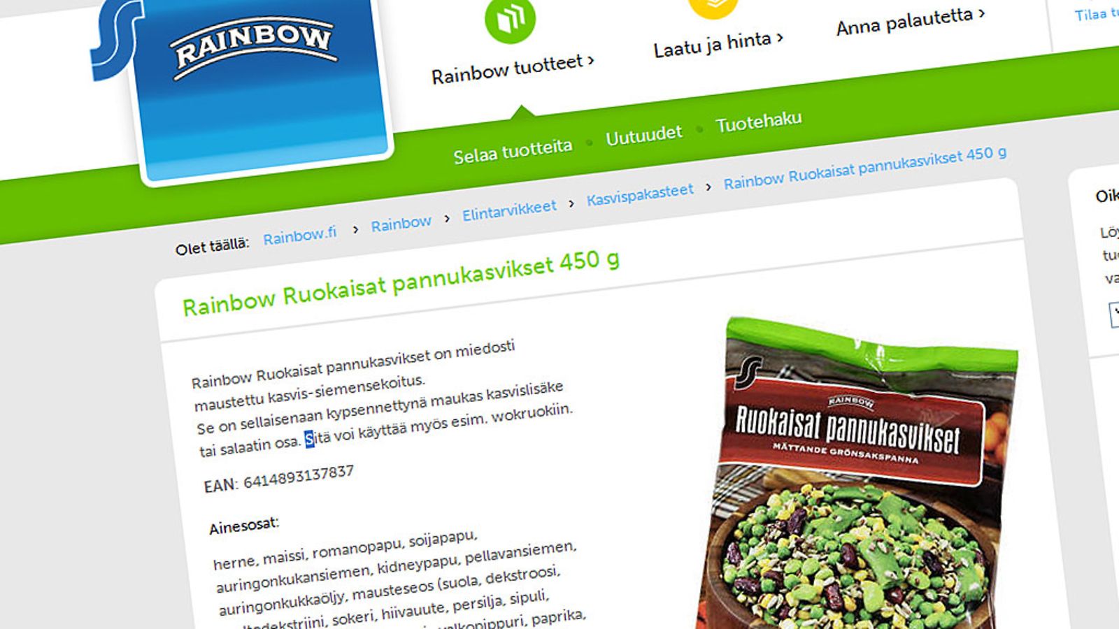 Rainbow Ruokaisat pannukasvikset. Kuvakaappaus Rainbow'n sivuilta.