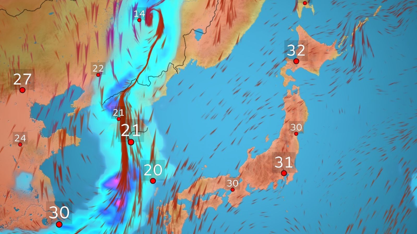Ennätyshelle riivaa Japania – sääkartta hehkuu punaisena