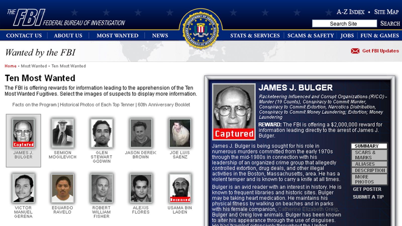 FBI lupaa jokaisesta etsitystä rikollisesta mittavan palkkion.