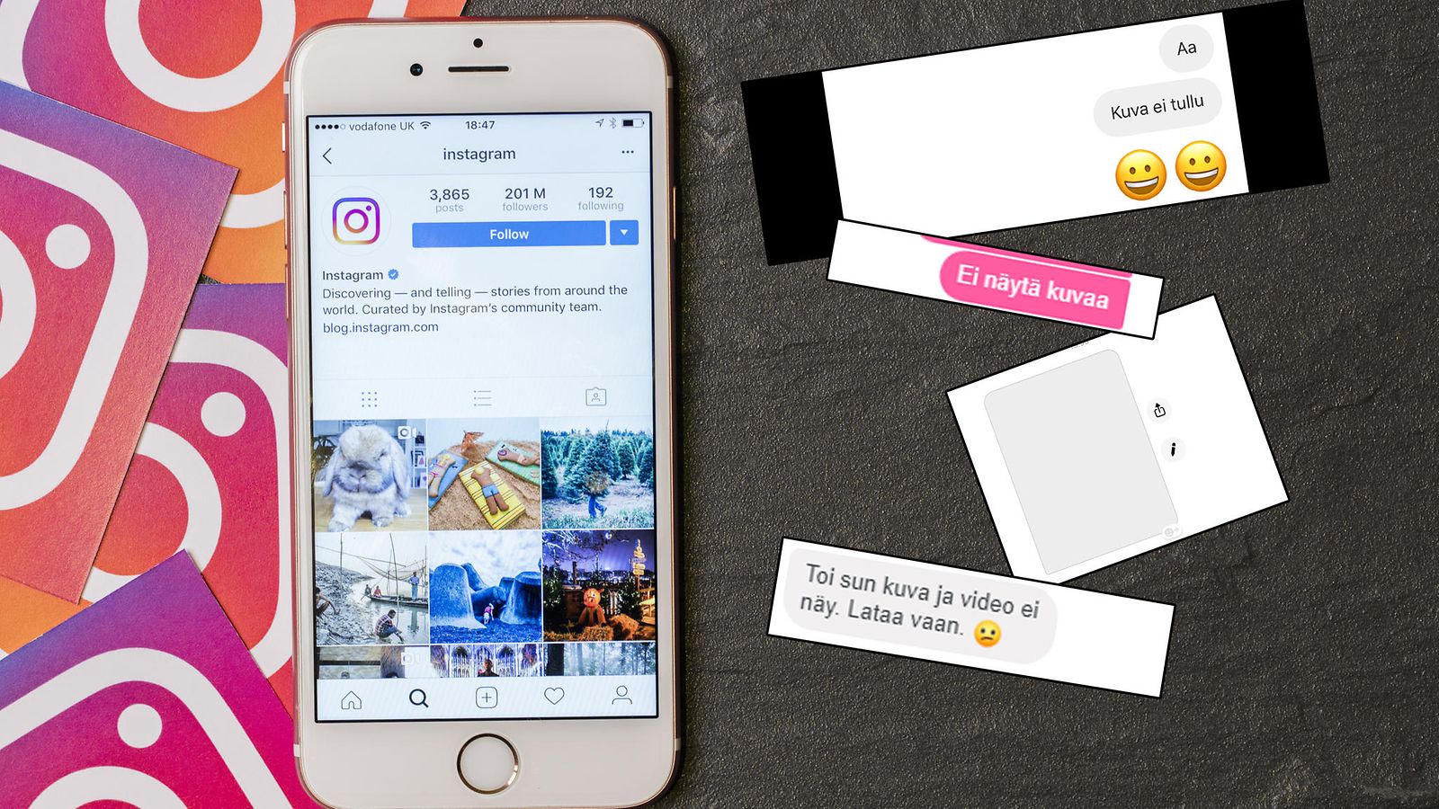 kuvakaapauksia Instagramista ja Facebook Messengeristä
