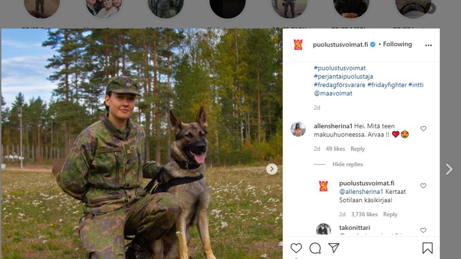 Puolustusvoimat Instagram-kuitti