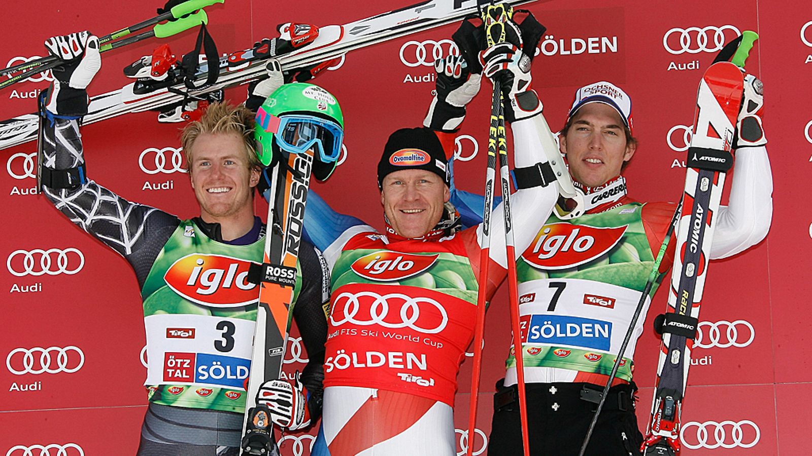 Ted Ligety, Didier Cuche ja Carlo Janka Söldenin palkintopallilla vuonna 2009.